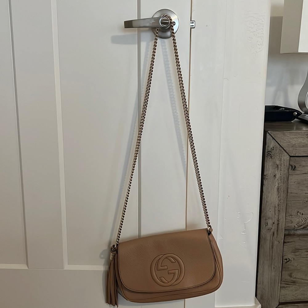 Gucci cross body- Flap Soho New Black Purse Beige Leather Cross Body Bag
